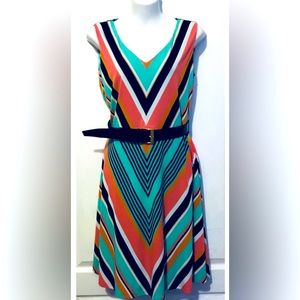 A-line Sleeveless V-neck Multi-Colored Striped Dress